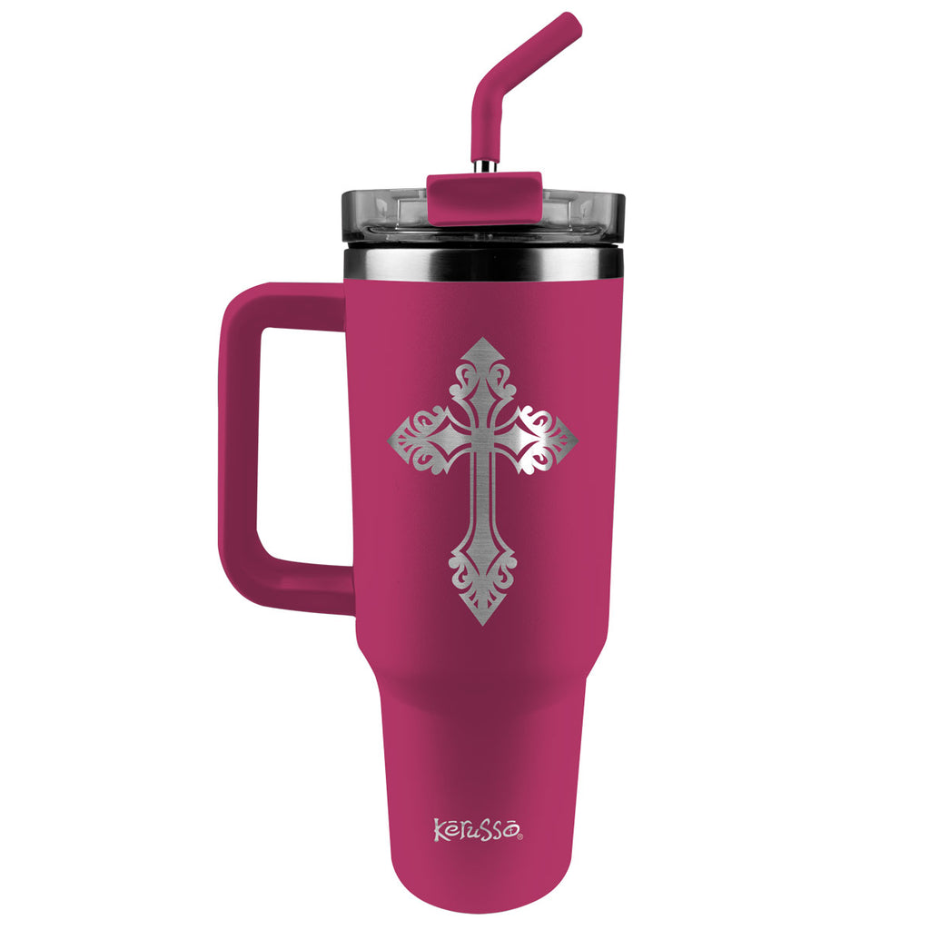 Kerusso 40 oz Stainless Steel Mug With Straw Filigree Cross