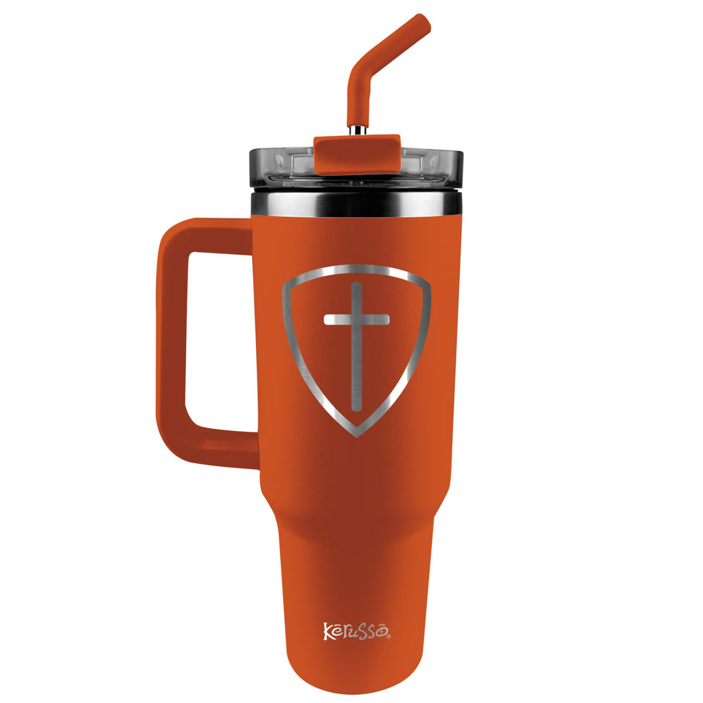 Kerusso 40 oz Stainless Steel Mug With Straw Cross Shield