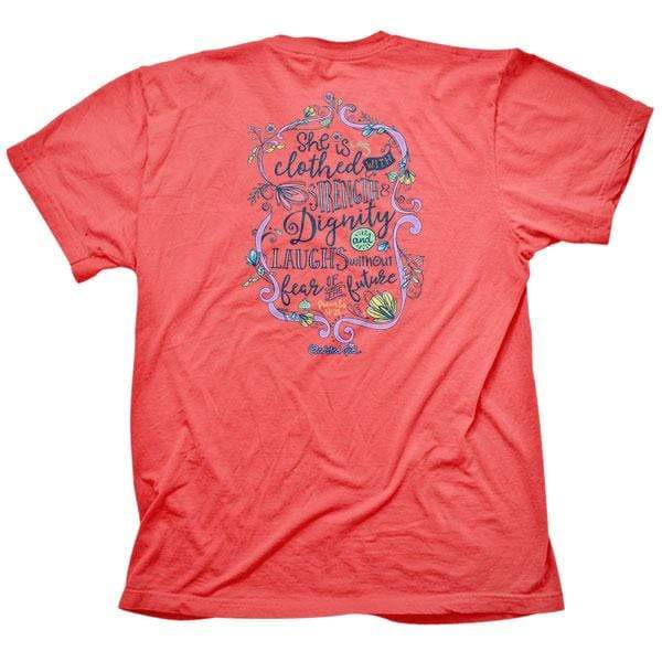 Proverbs 31:25 'Clothed In Strength & Dignity' Womens Christian T-Shirt coral silk
